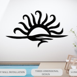 Decoración de sol y olas, arte de pared de metal, paisaje de amanecer, casa de playa, sobre la cama, diseño interior y exterior, sol dorado, regalo de año nuevo, decoración de puesta de sol