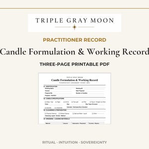 Könnte beinhalten: Ein dreiseitiges druckbares PDF mit dem Titel Triple Gray Moon Practitioner Record Candle Formulation & Working Record. Das Dokument enthält Abschnitte für Identifikation, Kerzenspezifikationen, Reinigung, Vorbereitung und Materialien zum Ankleiden.