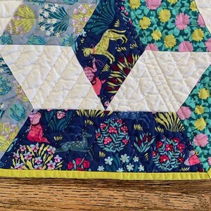 May include: A quilt with a patchwork design featuring various floral patterns in shades of blue, green, pink, and yellow. The quilt is edged with a yellow trim.