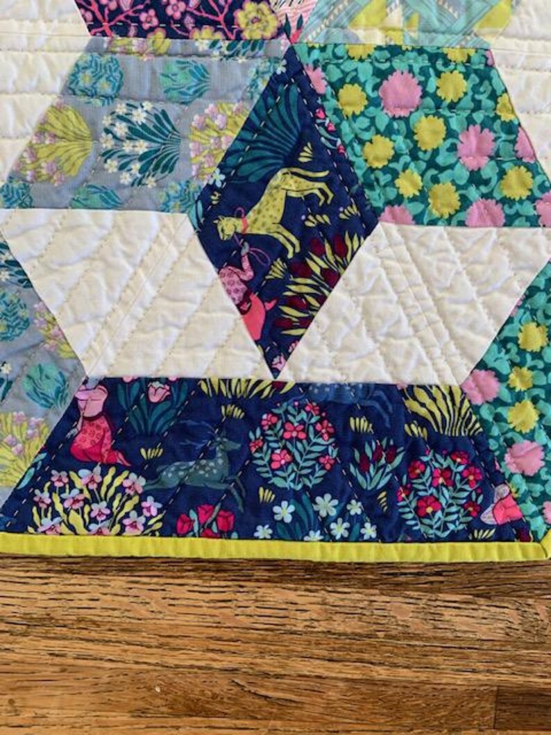 May include: A quilt with a patchwork design featuring various floral patterns in shades of blue, green, pink, and yellow. The quilt is edged with a yellow trim.