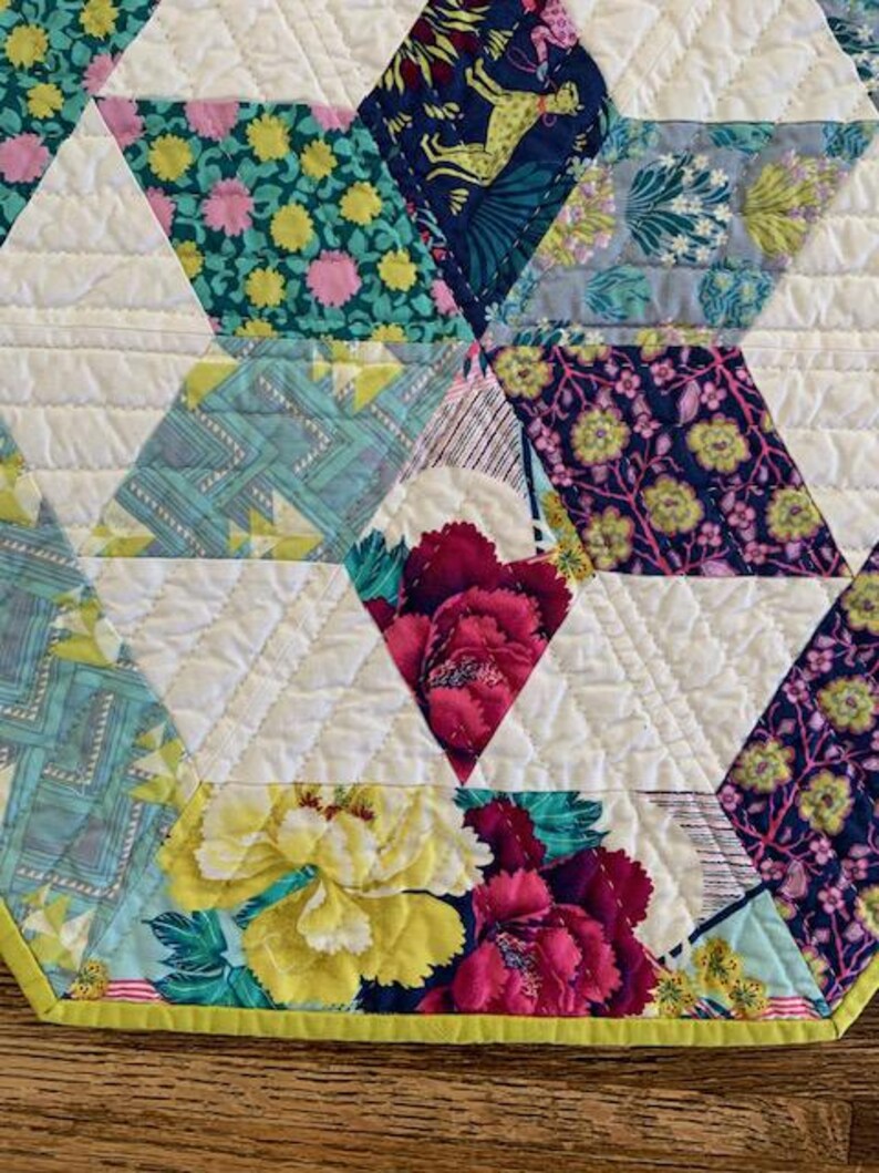 May include: A close-up of a quilt with a geometric pattern of triangles. The quilt is made of various fabrics with floral and geometric designs in shades of blue, green, pink, yellow, and white. The quilt is edged with a bright yellow trim.