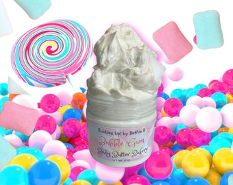 Bubble Gum Body Butter 4oz Jar, Sugary Sweet Scent, Nourishing Oils, Cracked Heel Ointment, Night Cream, Skin Softening Jojoba Butter