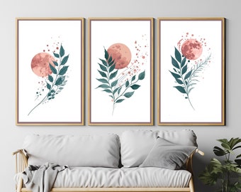 Boho Abstract Set of 3 Print, Abstract Leaf Wall Poster Set, Minimalist Boho Wall Art Set, Modern Bohemian Decor, Neutral Abstract Prints