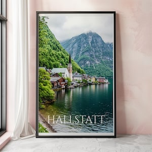 Hallstatt Travel Poster, Austria Wall Art Print, Hallstatt Village Art, European Landscape Decor, Scenic Travel Gift, Alps Art Print