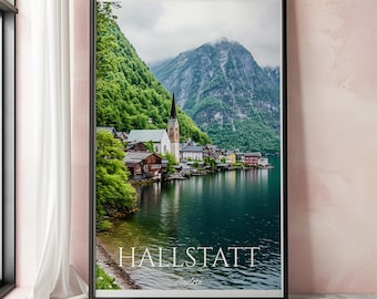 Affiche de voyage Hallstatt, impression d'art mural Autriche, art du village de Hallstatt, décoration de paysage européen, cadeau de voyage pittoresque, impression d'art Alpes