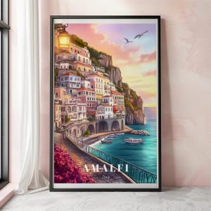 Amalfi Coast Travel Poster, Amalfi Wall Art, Amalfi Art Print, Italy Wall Art Print, Vintage Amalfi Decor, Coastal Landscape Art