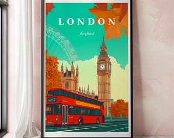 Impression de voyage à Londres, art mural Londres, illustration de la ville du Royaume-Uni, impression de la ligne d'horizon de Londres, affiche de voyage vintage, cadeau de Londres pour les voyageurs