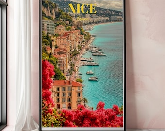 Póster de viaje de Niza, lámina decorativa para pared de Niza, lámina de viaje de Niza, decoración de la Riviera Francesa, arte mural de viajes a Francia, póster costero de Francia
