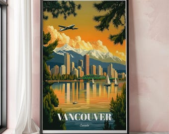 Vancouver väggkonsttryck, Kanada stadslandskap reseaffisch för heminredning, naturskön present till resenären, Vancouver konstverk för Kanadaälskare