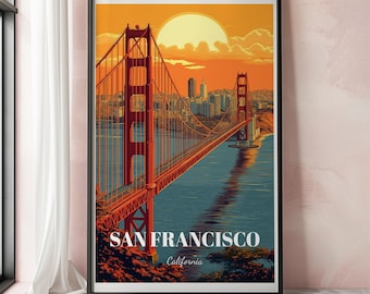 Póster turístico de San Francisco, lámina de San Francisco, lámina de viaje, arte mural de San Francisco, lámina del puente Golden Gate, lámina artística de California