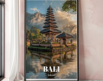 Bali Travel Print, Bali Travel Poster, Indonesia Travel Prints, Ulun Danu Beratan Temple Wall Art, Scenic Indonesia Decor For Home