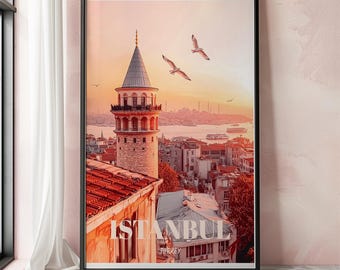 イスタンブールのウォールアートプリント、トルコ旅行ポスター、ガラタ塔プリント、旅行者への美しい街並みのギフト、ユニークなイスタンブールのアートワーク