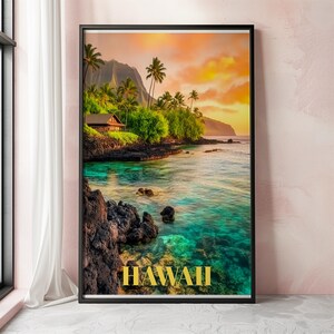 Hawaii Wall Art Print, Hawaii Travel Poster, Hawaii Art Print, Tropical Beach Wall Art, Tropical Island Travel Poster With Ocean Landscape