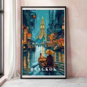 Bangkok Travel Art Print, Thailand Cityscape Wall Decor, Bangkok Travel Poster, Thailand Travel Art, Vintage Bangkok Cityscape Poster