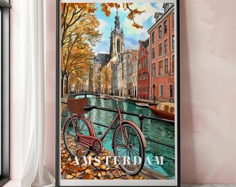 Amsterdam Travel Print, Netherlands City Poster, Vintage Amsterdam Wall Art, Vintage Amsterdam Illustration, European Travel Poster