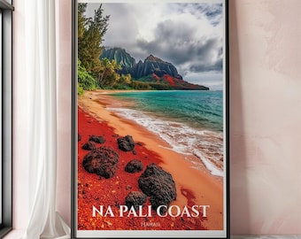 Kauai Hawaii Wall Art Print, Na Pali Coast Travel Poster, Tropical Ocean Landscape Decor Gift For Beach Lovers And Island Travelers