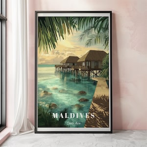 Maldives Travel Poster, Maldives Wall Art, Tropical Wall Art Print, Vintage Beach Landscape, Maldives Gift Art Lovers, Ocean Home Decor