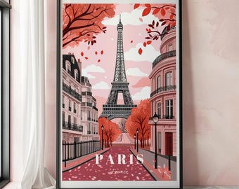 Paris Travel Poster, Autumn Eiffel Tower Wall Art, Paris Wall Art, Romantic France City Print, Paris Cityscape Print, Classic France Poster