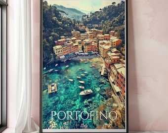Portofino reisposter, Portofino print, Italiaanse kust muurkunst, Italië reisdecor, mediterrane kunst, Portofino Italië cadeau