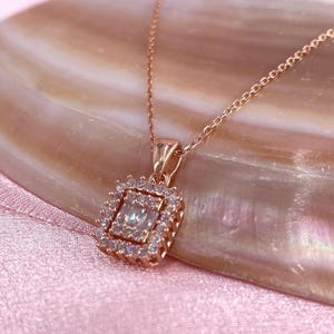 Baguette Zircon Stone Square Necklace: 925 Sterling Silver, Rose Gold Plated,Unique Silver Necklace,925 Silver Pendant