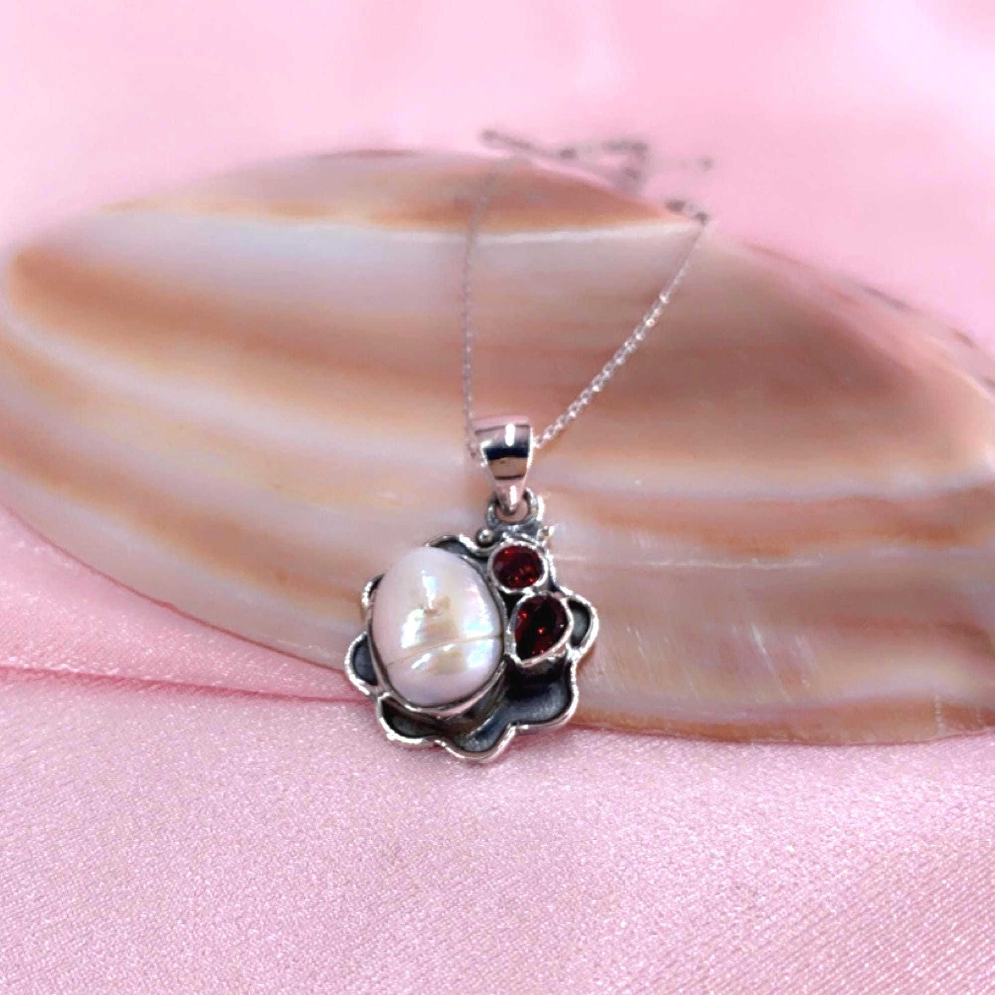 Jeweloporium Collana Artigianale In Argento 925 Con Ciondolo A Pera E Pietre Naturali Granato, Ambra E Onice, Stile Boho