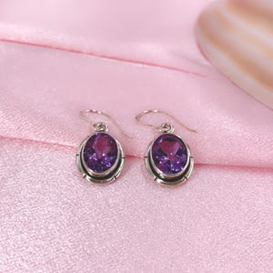 Natural Amethyst Earrings, 925 Sterling Silver Dangle Drop Earrings, Natural Stone Earrings, February Birthstone Earrings, oval Earrings,