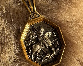 Saint George Icon Pendant Handmade Orthodox Christian Charm, 925 Silver & 999 Gold-Plated Religious Gift Protection Church Pendant