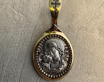 Handmade Orthodox Virgin Mary Pendant Byzantine Madonna & Child Icon Necklace Gold-Silver Religious Gift