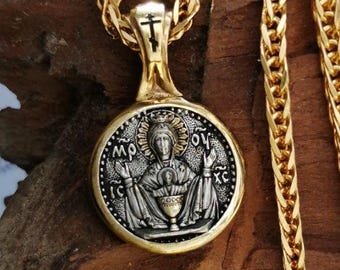 Orthodox Christian Pendant ‘Inexhaustible Chalice’, Religious Gift Protection Charm Pendant with Saint, Handmade Prayer Icon Pendant