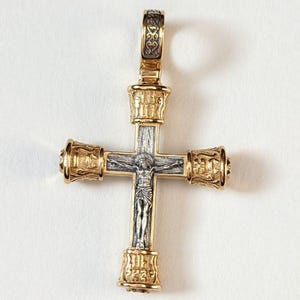 Jesus Cross Pendant Christian Charm 925* Silver & 999* Gold plated Orthodox Cross Men&#39;s Protection Charm &quot;Save and Preserve&quot; prayer Pendant