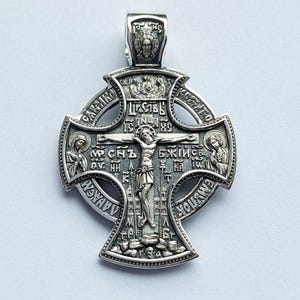 925* Silver Handmade Jesus Crucifix Cross Icon Pendant, Orthodox Saint George Pendant with Prayer Christian Gift Religious Jewerly