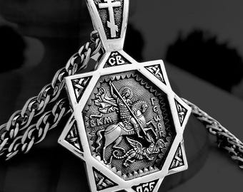 Handmade Saint George Pendant, 925 Silver Christian Necklace, Holy Great Martyr St. George Pectoral Icon, Religious Protection Charm