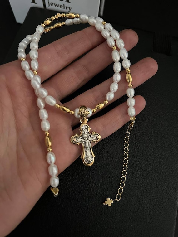 Orthodox Cross Necklace with Pearls, Handmade 925 Silver & Gold-Plated Christian Pendant, Women’s Spiritual Jewelry, Elegant Religious Gift