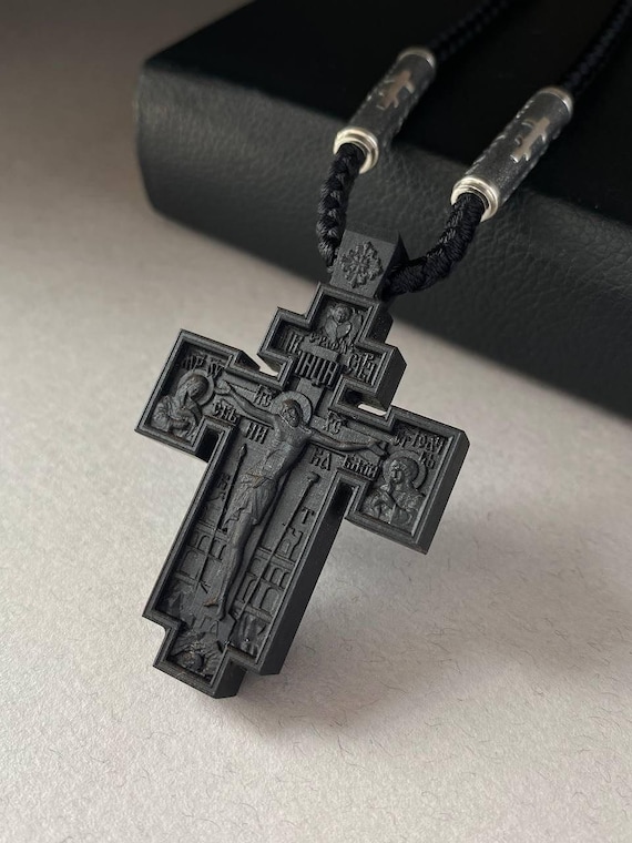 Wooden Orthodox Cross Pendant Hand-Carved Two-Sided Cross with St. Nicholas & St. Spyridon Ebony or Hornbeam Wood Christian Gift for Men