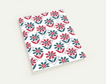 Folkway Blumen Grußkarten (10er Pack) | Handgezeichnetes Crimson & Dark Slate Botanisches Design | Personalisiertes Briefpapier