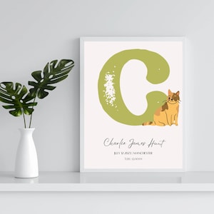 Gepersonaliseerde naamafdruk, gepersonaliseerde afdruk, afdrukbaar eerste naambord, aangepaste muurkunst, kinderkamer, slaapkamer, babyjongen, kat