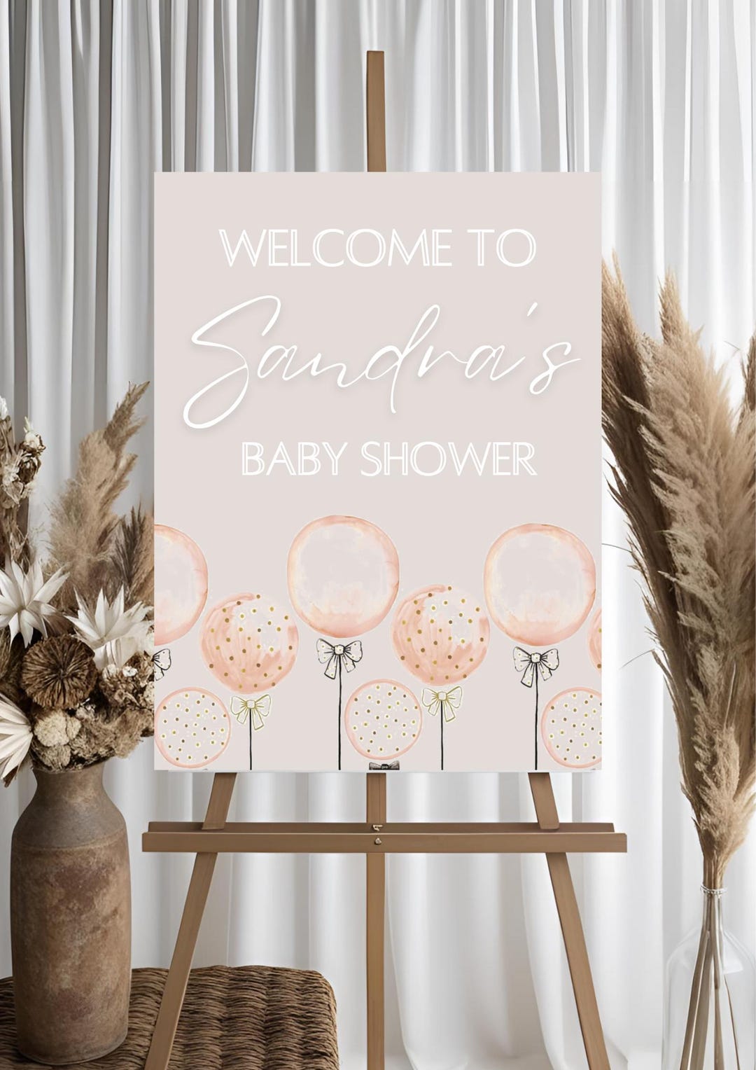 Pink Balloons Bow Ribbon Baby Shower Welcome Sign, Baby Girl. Digital ...