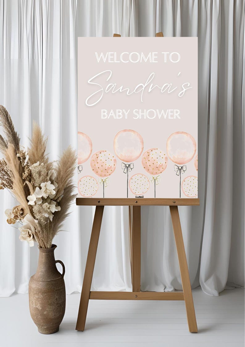 Pink Balloons Bow Ribbon Baby Shower Welcome Sign, Baby Girl. Digital ...