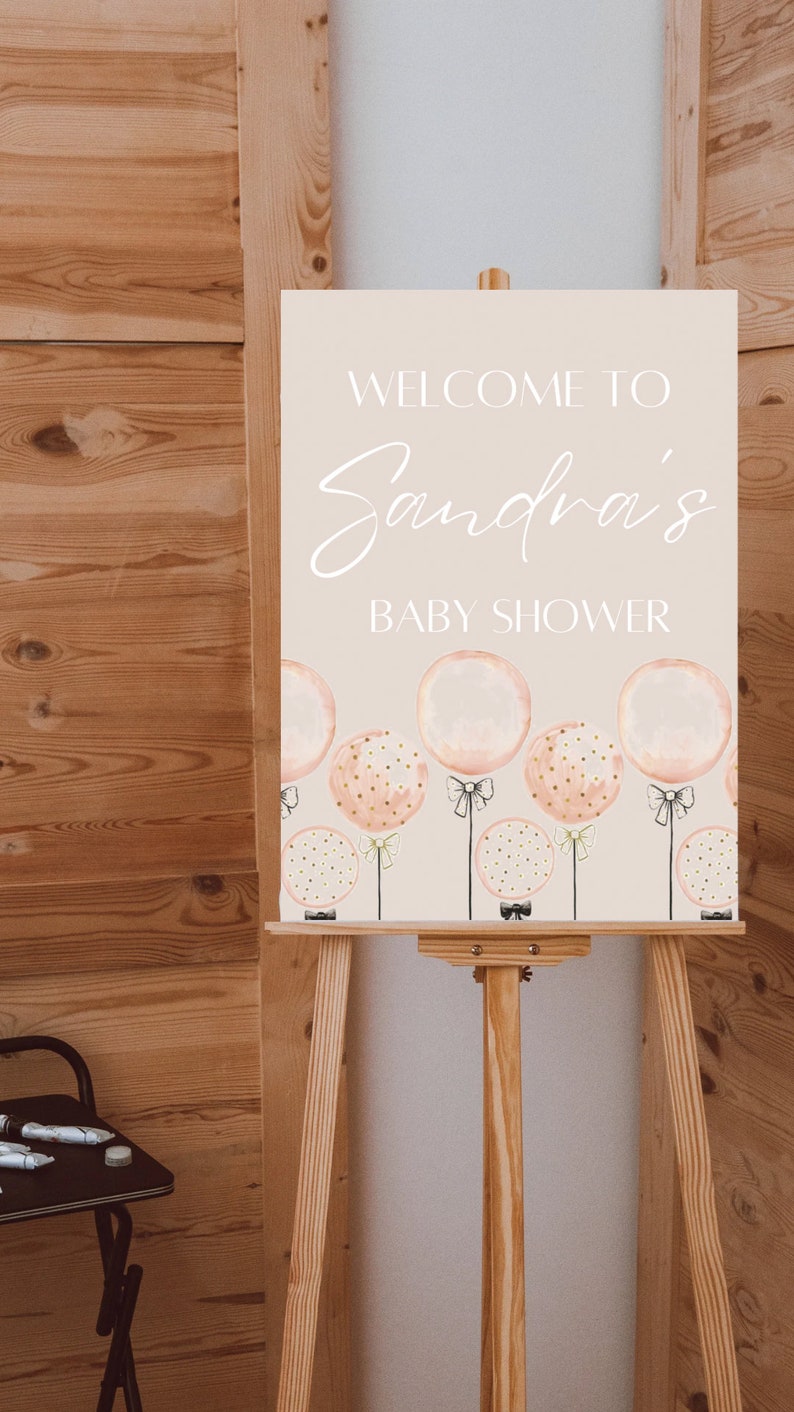 Pink Balloons Baby Shower Sign, Baby Shower Template. Digital