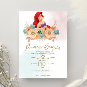 Invitation de fête d'anniversaire de la princesse Ariel Disney, la petite sirène, édition sur toile, invitation de fête d'anniversaire de filles, téléchargement immédiat