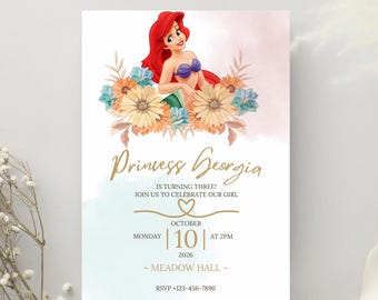 Ariel Little Mermaid Birthday Invitation Template | Editable Canva Girl Party Invite (Digital Download)