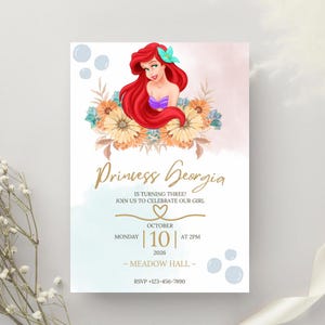 Invitation de fête d'anniversaire de la princesse Ariel Disney, la petite sirène, édition sur toile, invitation d'anniversaire de filles, téléchargement immédiat