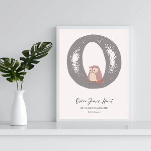Impresión de nombre personalizada, Impresión personalizada, Letrero imprimible con inicial O, Arte mural personalizado, Guardería infantil, Dormitorio, Bebé niño, Búho