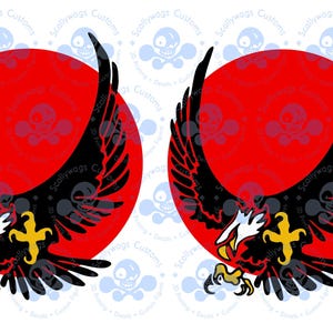 May include: Two identical decals featuring a black eagle with outstretched wings, a yellow cross, and a red sun background. The text "1/12 SCALE GI JOE SKYSTRIKER 01 SCALLYWAGS CUSTOMS" is printed on the left side.