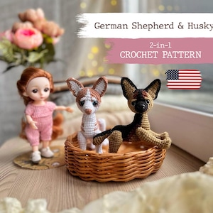 Set di SCHEMI 2 in 1 per cani all'uncinetto in formato PDF: pastore tedesco in miniatura all'uncinetto e husky all'uncinetto