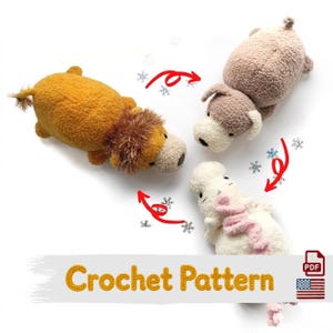 May include: Three plush crochet toys including a yellow lion with a brown mane, a tan dog, and a white creature with a pink scarf. Red arrows and snowflake icons surround the toys. The text Crochet Pattern is displayed at the bottom.