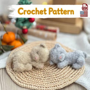 May include: A digital PDF crochet pattern featuring two small, fuzzy, sleeping kittens, one beige and one light grey, resting on a round woven straw mat. The text Crochet Pattern is displayed in yellow letters at the top of the image.