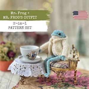 Patroon gehaakt kikkerspeelgoed: gebreide outfit, beweegbare kikker (pdf-patroon)