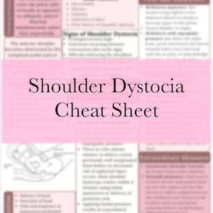 May include: A medical cheat sheet titled "Shoulder Dystocia Cheat Sheet" with pink and white text boxes. The sheet provides information on risk factors, signs, and maneuvers related to shoulder dystocia.