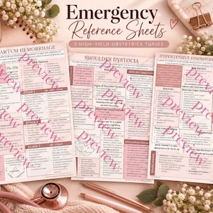 May include: Three educational reference sheets titled Emergency Reference Sheets 3 High-Yield Obstetrics Topics, featuring detailed medical information on Postpartum Hemorrhage, Shoulder Dystocia, and Hypertensive Disorders in Pregnancy.